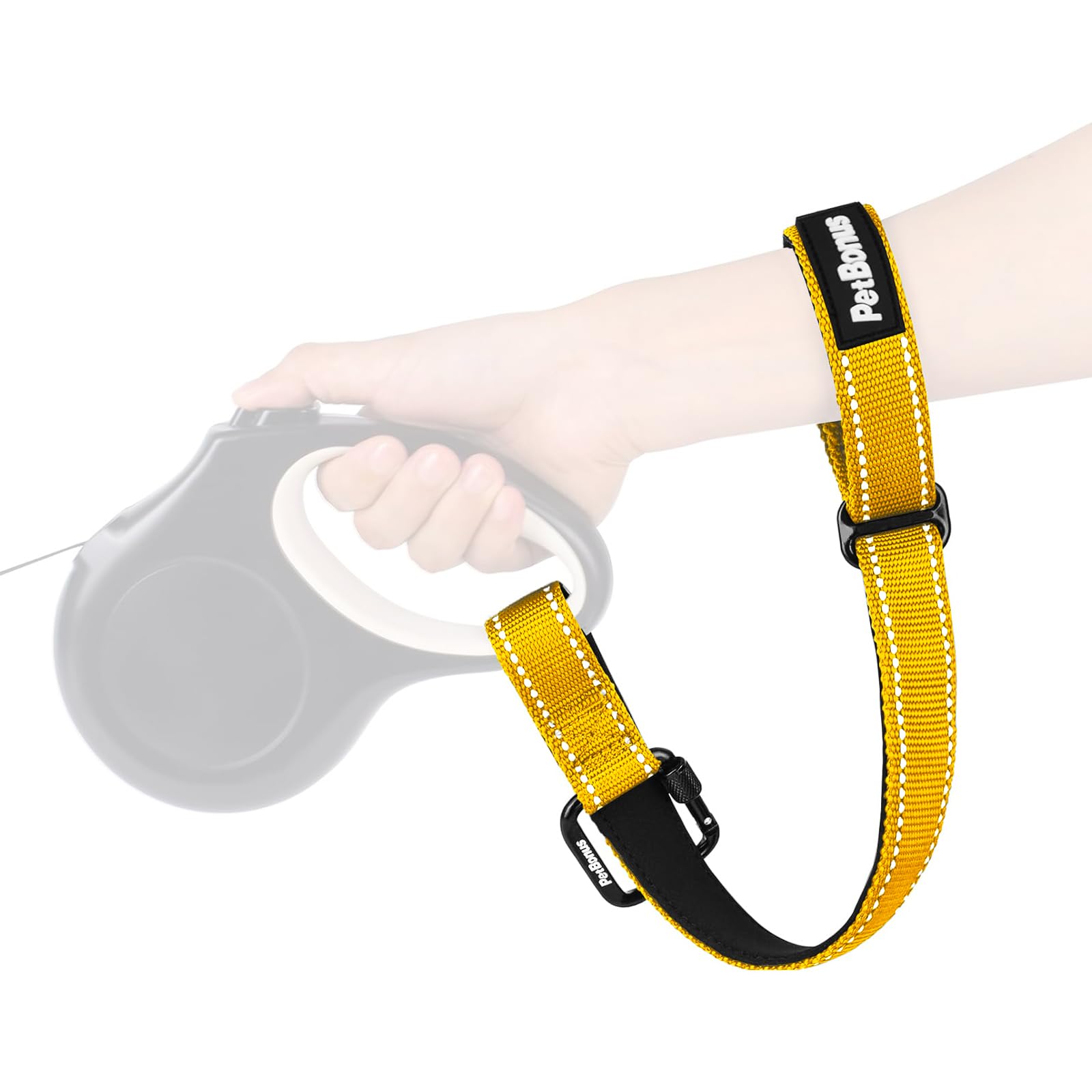 PetBonus Dog Lead Wrist Strap, Safety Strap for Retractable Lead, Lockable Reflective Short Dog Walking Leash with Adjustable Soft Padded Handle, Extra Layer Security for Pet Stroller (Yellow)