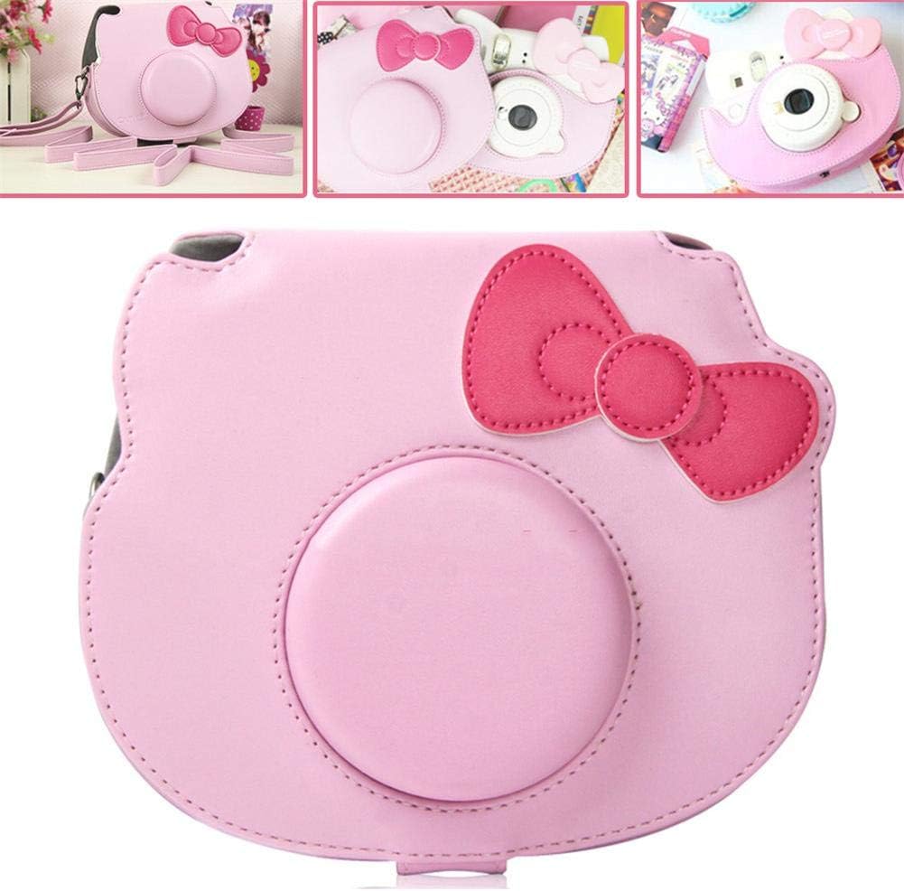 Ridecle Protective Case for Fujifilm Instax Mini Hello Kitty Instant Camera, PU Leather Travel Carry Bag with Removable Shoulder Strap and Decorative Bow, Pink
