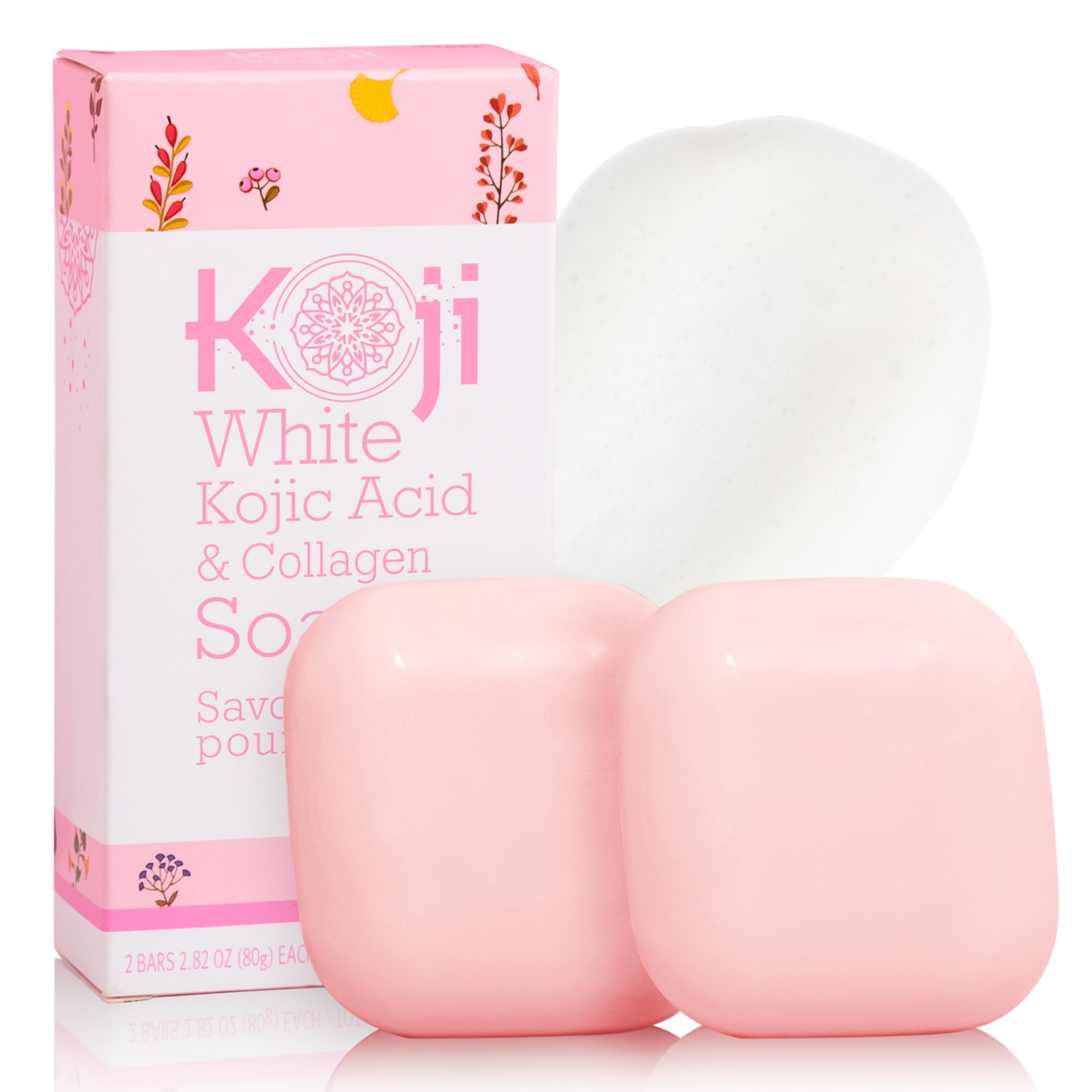 Koji White Kojic Acid & Collagen Skin Brightening Soap for Face & Glowing Skin - Moisturizer, Cleansing Bar, Vegan, Paraben-Free, 80g (2 Bars)