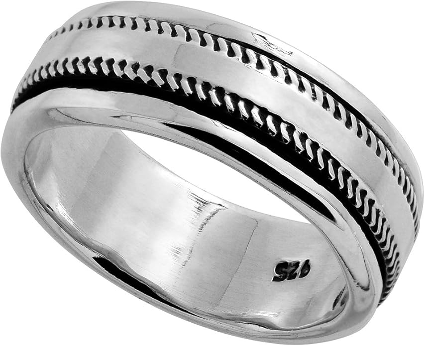 8mm Sterling Silver Mens Spinner Ring Rope Edge Design Handmade 5/16