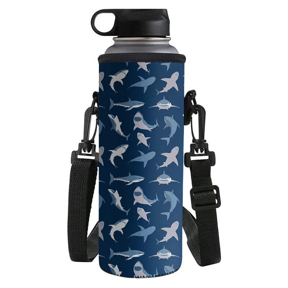UOIMAG Cartoon Shark Water Bottle Bag for Kids Neoprene Shoulder Strap Insulated Plastic Bottle Sleeve for Outdoor Activities Large Size 1L