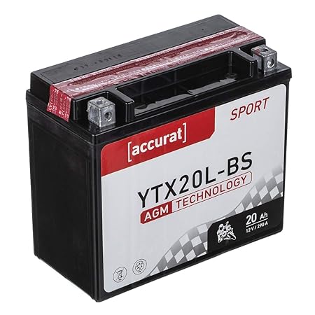 Accurat Motorradbatterie YTX20L-BS 20Ah 290A 12V AGM Starterbatterie in Erstausrüsterqualität leistungsstark robust vibration