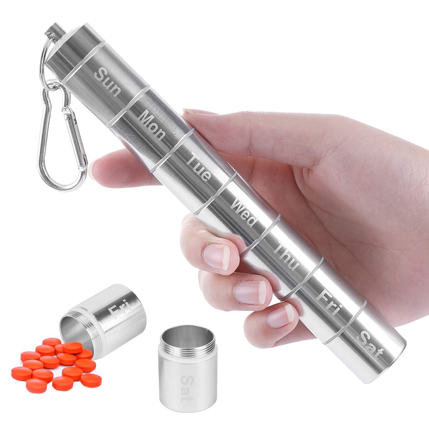 MYCreator Weekly Pill Case, Portable Pill Box, Aluminum Alloy 7 Days Pill Holder Waterproof 7 Compartments Medicine Organizer Travel Pill Tube Pill Bottle Pill Container w/Keychain and Carabiner (1)