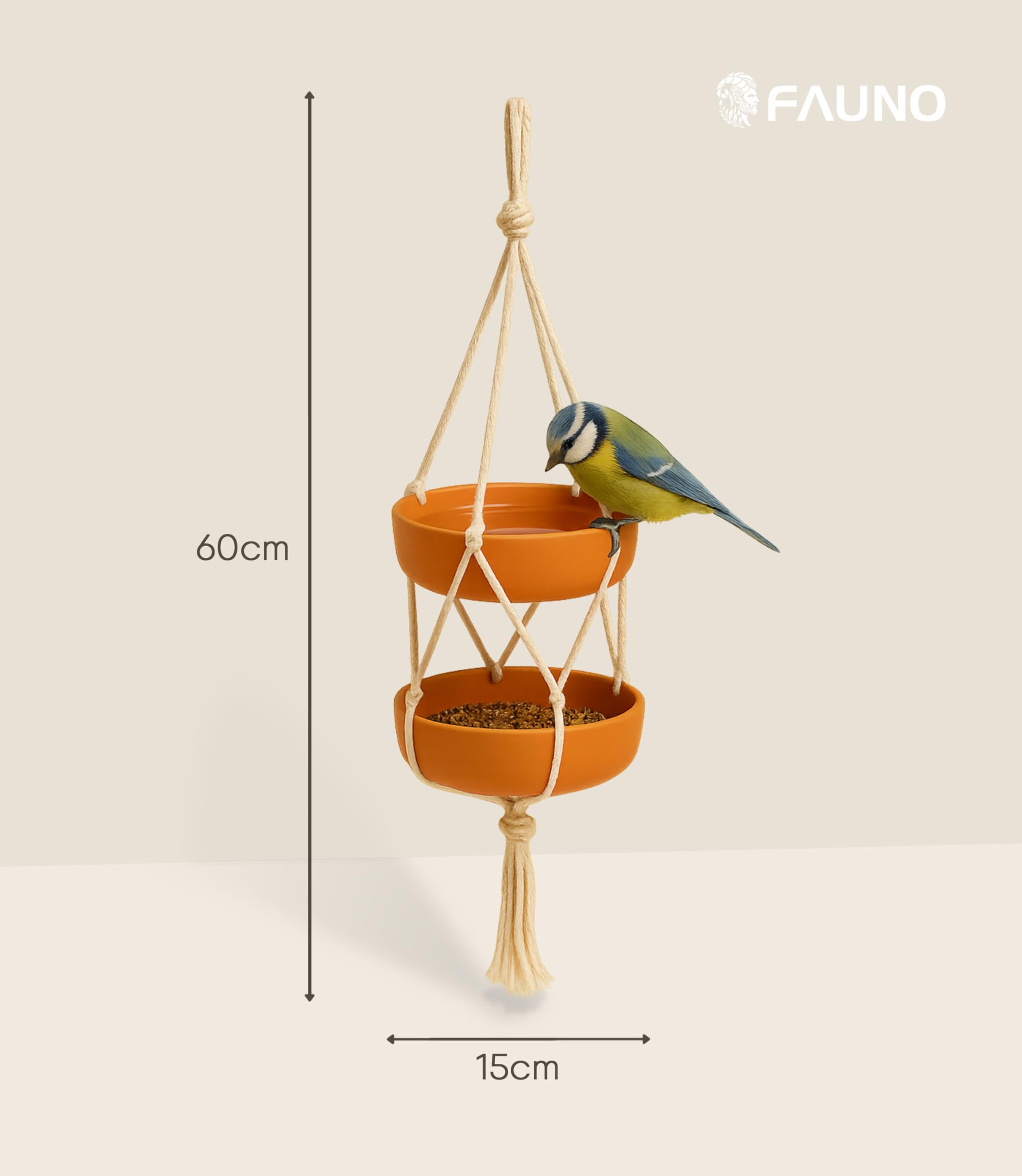 Vogelfutterstation für den Außenbereich mit doppeltem Tablett aus Bambusfaser und Baumwollseil Vogeltränke für Garten Balkon und Terrasse Futterstation für Wildvögel robust 5