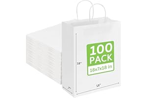 JET PAPER BAGS - Large White Paper Bags with Handles 18x7x18 Inch [100 Pcs] Ideal for Takeout, Grocery, Goody, Retail, Party, Gifts, Weddings - Recyclable Kraft Paper Gift Bags with Handles