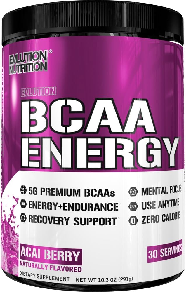 Evlution Nutrition BCAA Energy - High Performance Amino Acid Supplement for Anytime Energy, Muscle Building, Recovery and Endurance, Pre Workout, Post Workout (Acai Berry, 30 Servings)