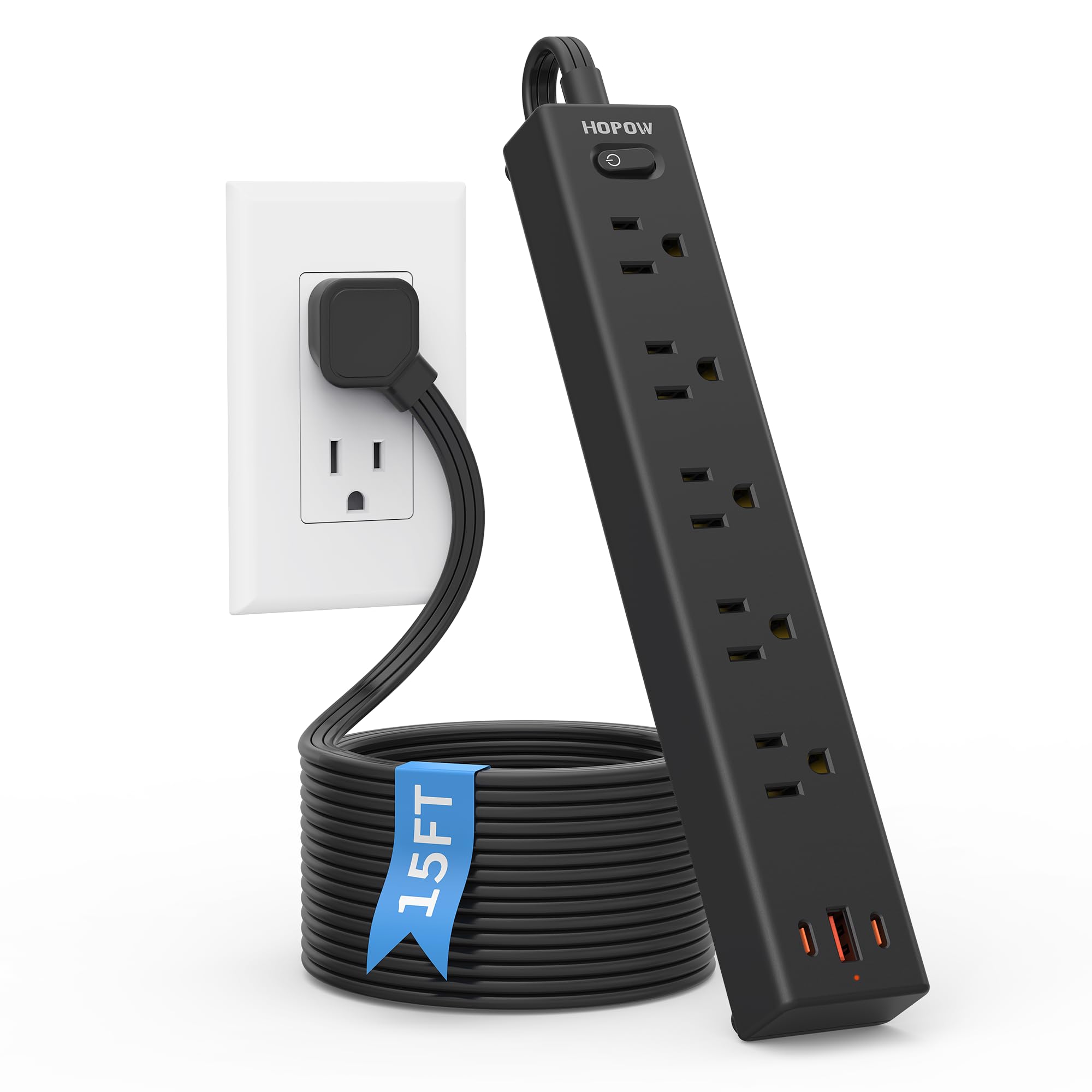 15FT Surge Protector Power Strip, 1700J, 5AC&1A2C, Flat Plug Extension Cord