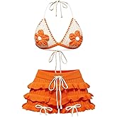 MakeMeChic Women's 2 Piece Set Summer Outfits 3D Floral Halter Top and Wide Leg Shorts Coverup