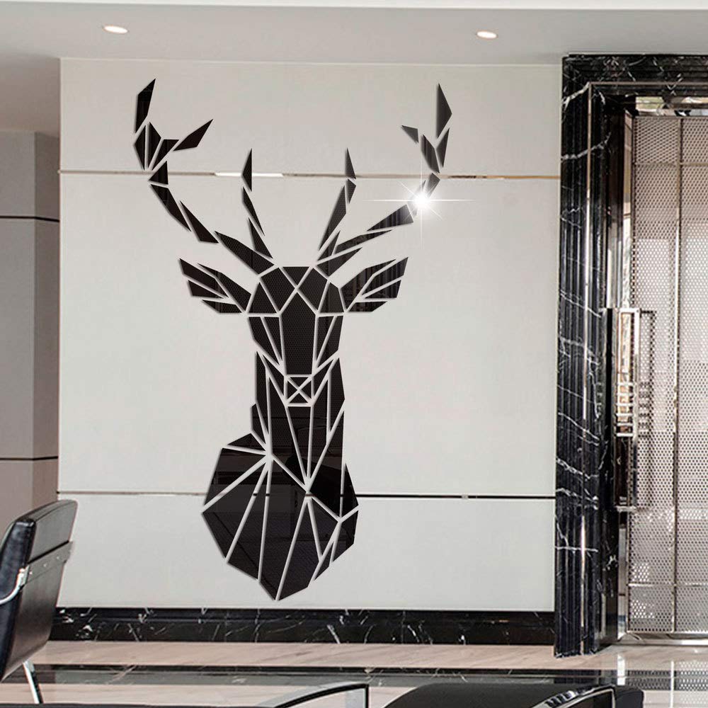Hosoncovy Acrylic Cartoon Deer Head Mirror Wall Stickers Mirror Art DIY Home Decorative Dog and Cat Pet 3D Wall Art Decor for Home Living Room Bedroom Wall Decoration (Black, XL)