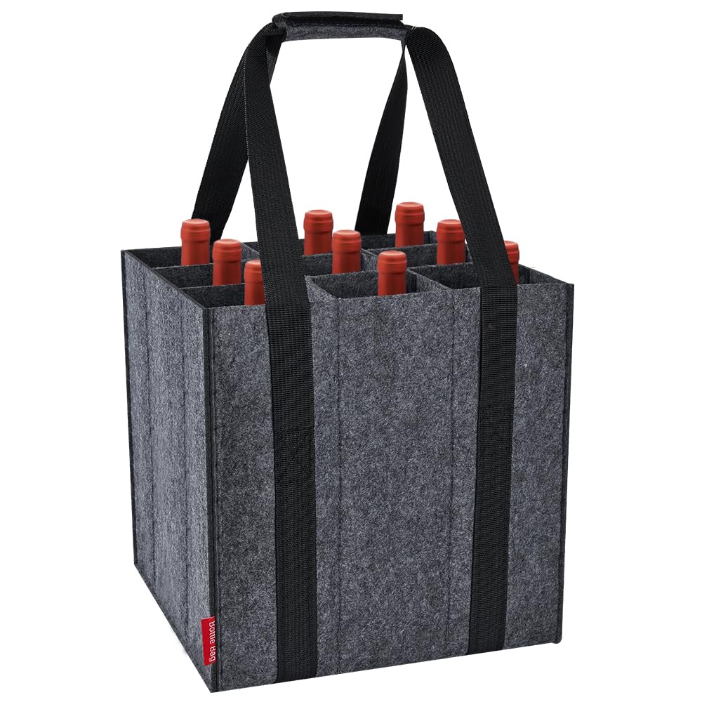 Eurhomewit Bottle Bag 9 Compartments, Wine Bottle Carrier Felt Wine Tote Bag Holder with Handles, Reusable Wine Bottle Bag for Transporting Red Wine, Champagne, Beer and Water Bottles - Dark Grey