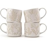 DOWAN Coffee Mugs Set of 4, 14 oz Ceramic Mugs for Latte, Cappuccino, Tea &amp; Hot Cocoa, Textured Botanical Mug Gift Set, Dishwasher &amp; Microwave Safe, White