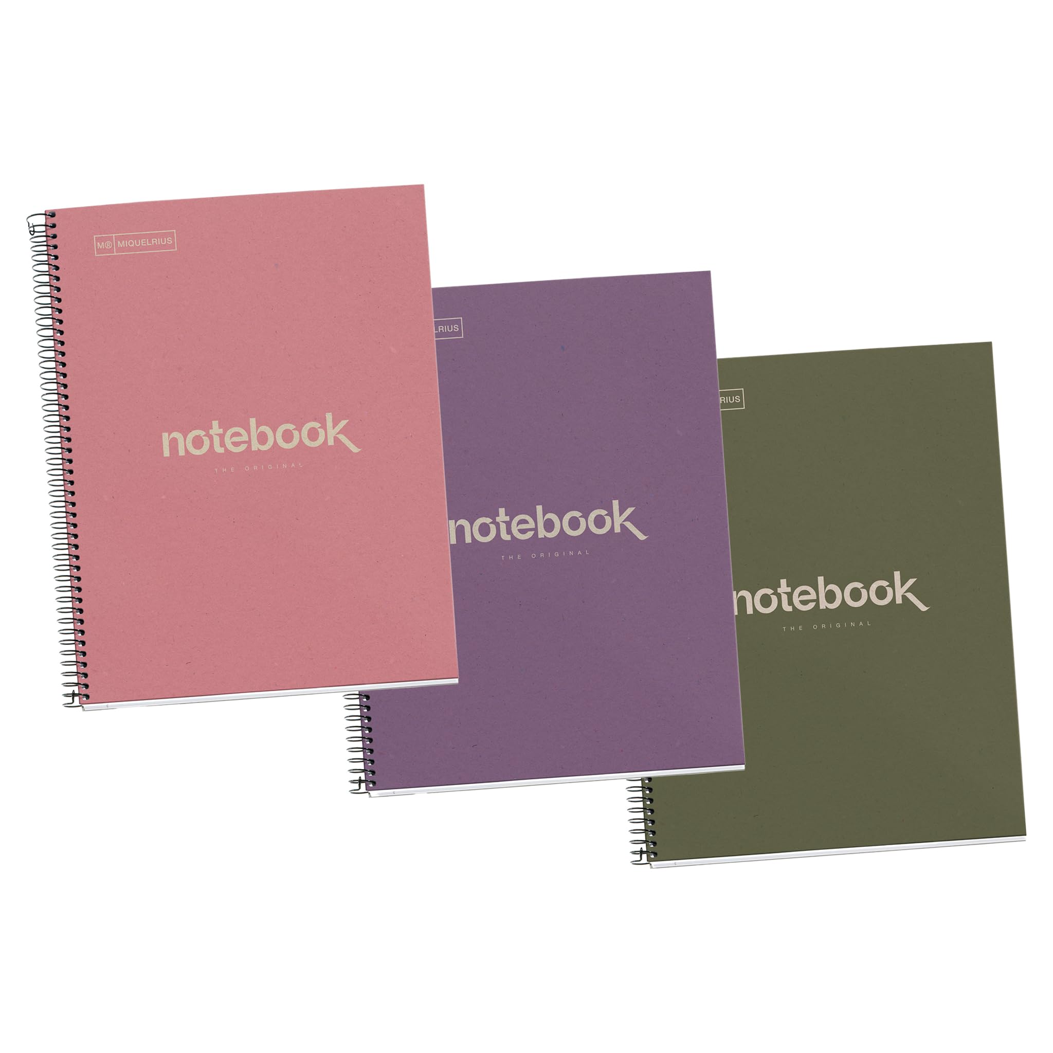 Miquelrius - Pack of 3 Recycled Notebook A4, 80 Sheets of 80 g/m², 5 x 5 mm Square, Recycled Paper (Reclaimed Post-Consumption), 1 Colour Strip, 4 Drills, Recycled Cover, Blue, Lavender and Pink