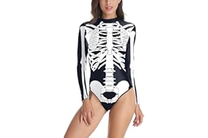Timemory Halloween Women Digital Skeleton Tight One-piece Swimsuit with Zip-Back