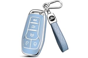 MILD EAST Key Fob Cover for Ford with Key Chain, Soft TPU Car Key Case Shell for Ford Mustang Fusion Explorer Edge Lincoln MKC MKX MKZ, Full Protector Holder for 5 Button Keyless Entry Remote, Blue