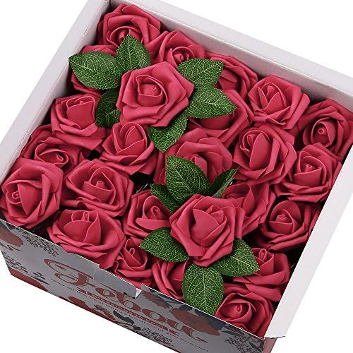 Febou Artificial Flowers, Real Touch Artificial Foam Roses Decoration DIY for Wedding Bridesmaid Bridal Bouquets Centerpieces, Party Decoration, Home Display (Concise Type, Deep Pink)