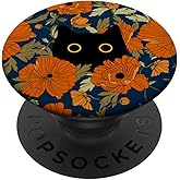 Black Cat Hiding in Orange Poppies Vintage Floral Girls Cute PopSockets Adhesive PopGrip