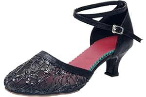 Shakumy Women Ballroom Dance Shoes Glitter Mesh Closed Toe Ankle Buckle Strap Dance Shoes Ballroom Kitten Heel Dance Shoes