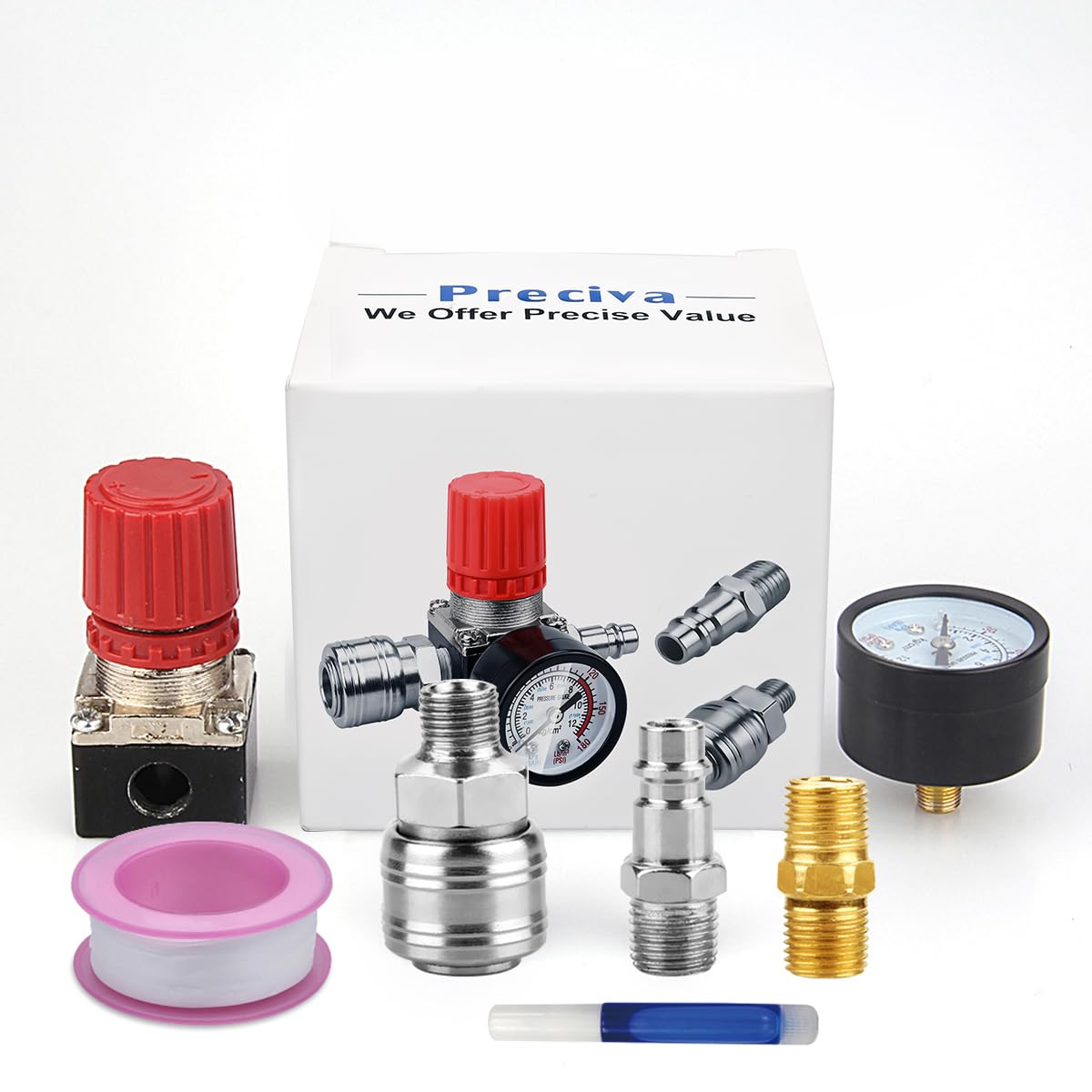 1/4" Druckminderer, Preciva EU-Standard Druckregler Druckregelventil Druckschalter Regelventil Druckschaltventil mit Manometer 175 PSI für Luftverdichter, Luftkompressor - 3 Löcher 7
