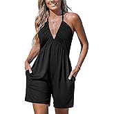 CUPSHE Women's Rompers V Neck Halterneck Jumpsuits Sleeveless Backless Overall Wide Leg Outfit Casual Beach