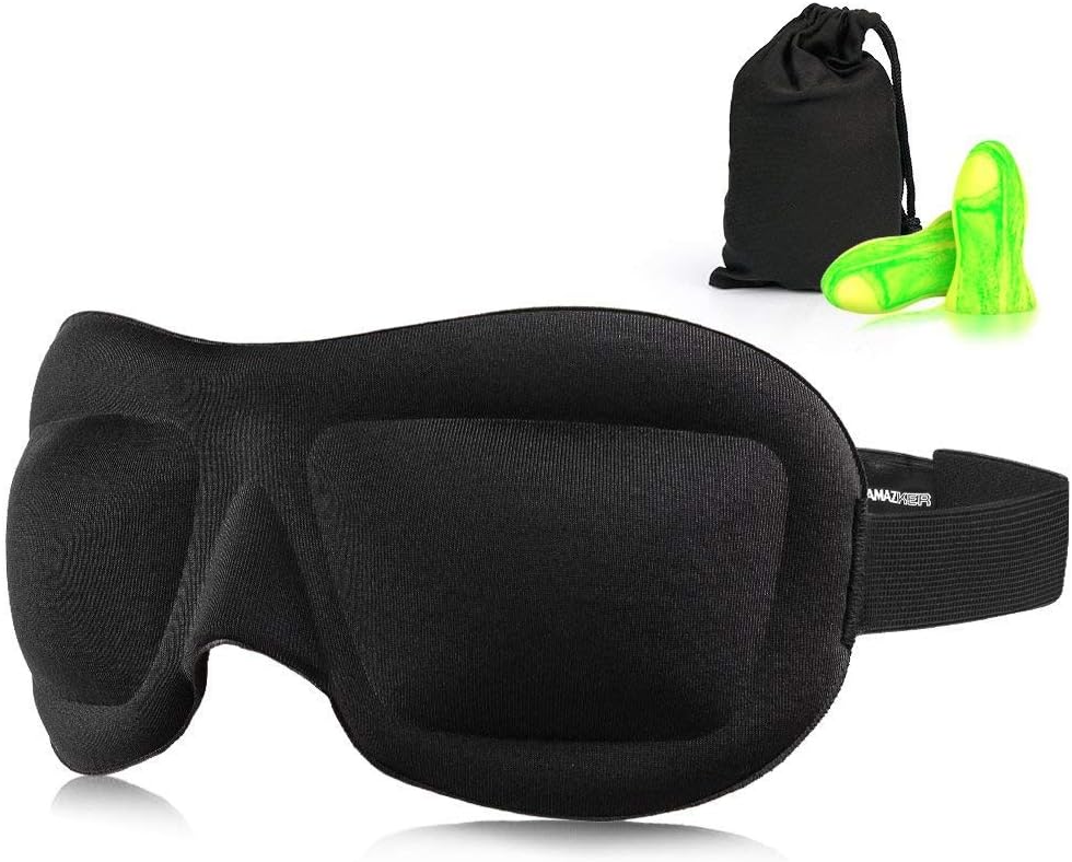 AMAZKER Sleep Mask Eye Mask Sleeping Mask for Men & Women Luxury Patented Contoured & Comfortable Sleep Mask & Ear Plug Set The Blackout Eyemask Block Light (Black)