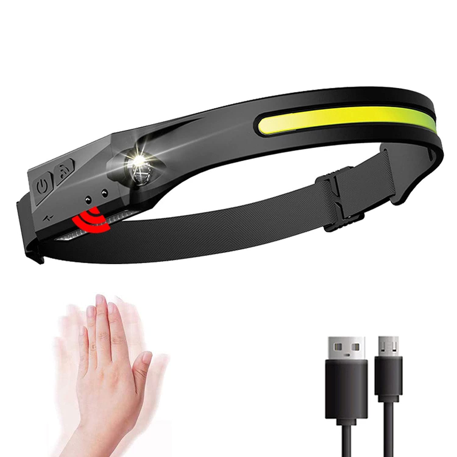 VISVIC Head Torch, USB Rechargeable Headlamp, 5 Modes COB 2 LED Induction Headlights,Waterproof Camping Lights for Adults, Lightweight Head Lamp Flashlight for Running,Fishing,etc.