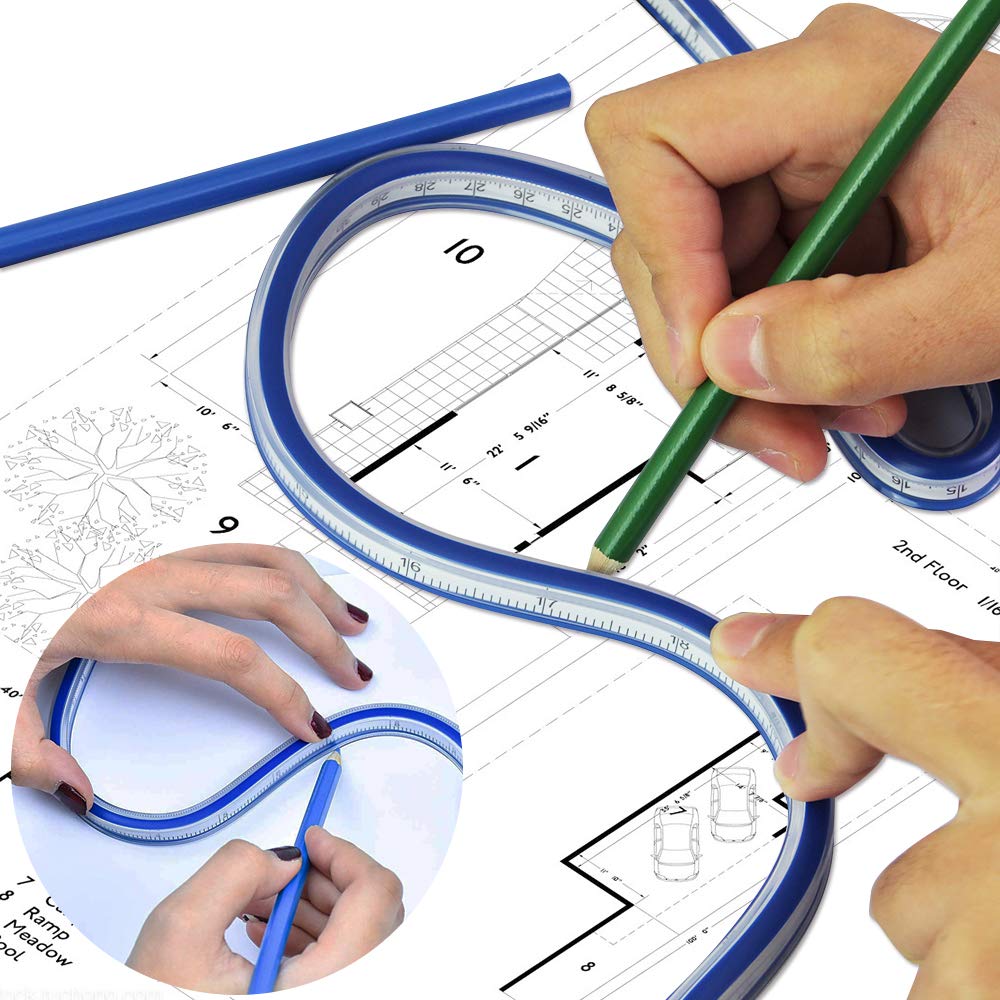 OLRWSLG 2 Pieces Flexible Curve Ruler Double-Sided Ruler Flexible Measuring Tool Plastic Soft Curve Ruler for Drawing Drawings and Clothing Design (30 cm, 60 cm)