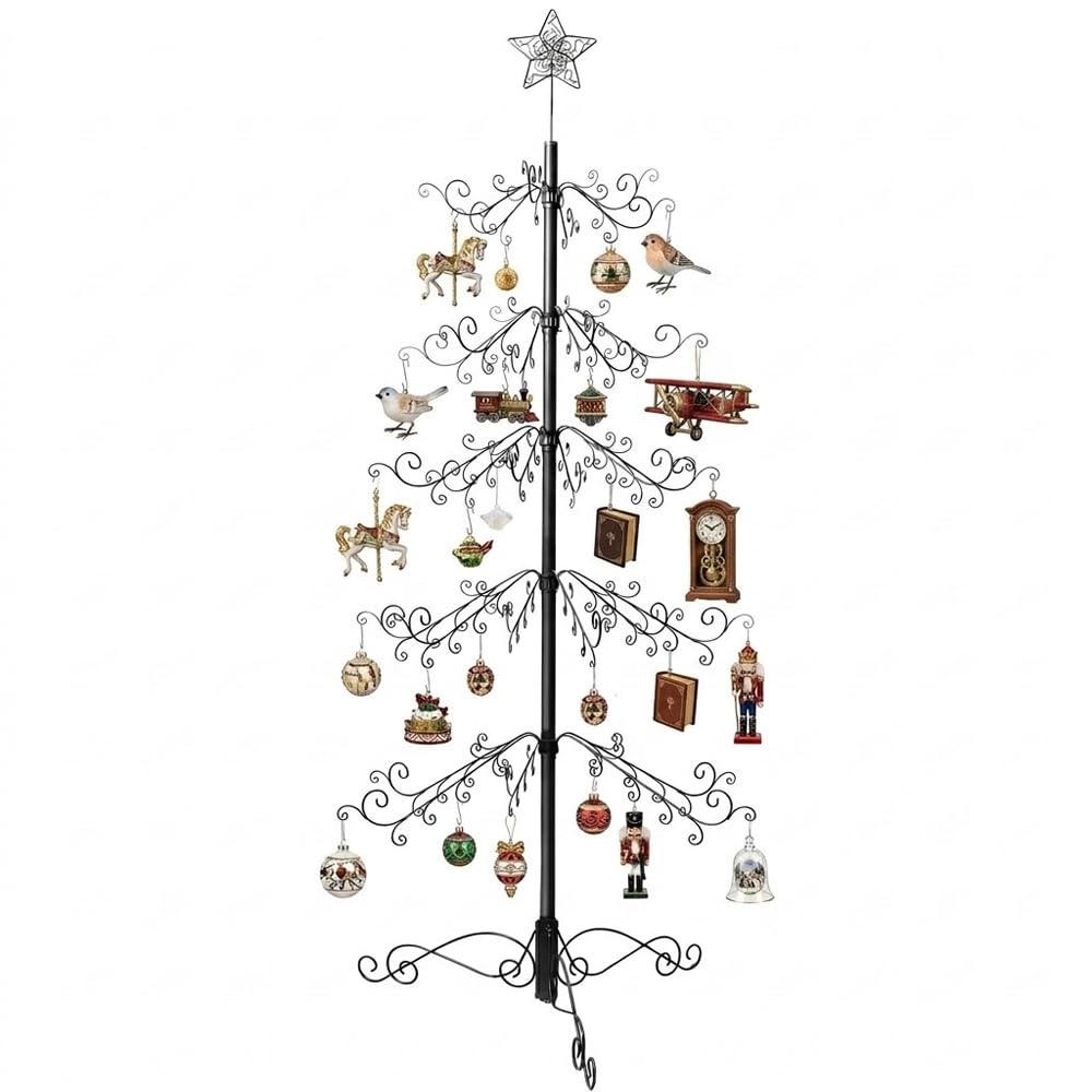 HOHIYA 84 Inch Ornament Display Tree Stand Metal Christmas Tree Alternative with Hanging Hooks for Baubles Wrought Iron Decoration Hanger for Christmas Halloween Reusable Eco Gift Black Made in Taiwan