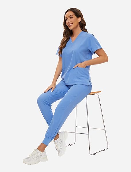VIAOLI SCRUBS FOR WOMEN SET V-NECK POCKET TOP & DRAWSTRING JOGGER SCRUB PANTS STRETCH NURSING SCRUBS SET UNIFORM