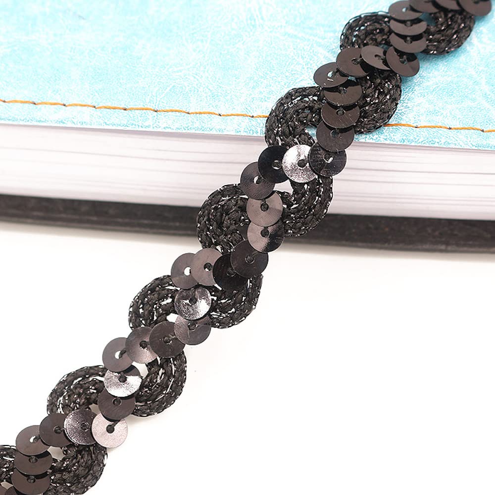 5 m x 6 mm Sequin Ribbons, Coloured Glitter Sequin Ribbon, Trimming Roll, Sequin Trim, Stretch Sequin Trim, for Jewellery Making, Band Making, Costumes, Black