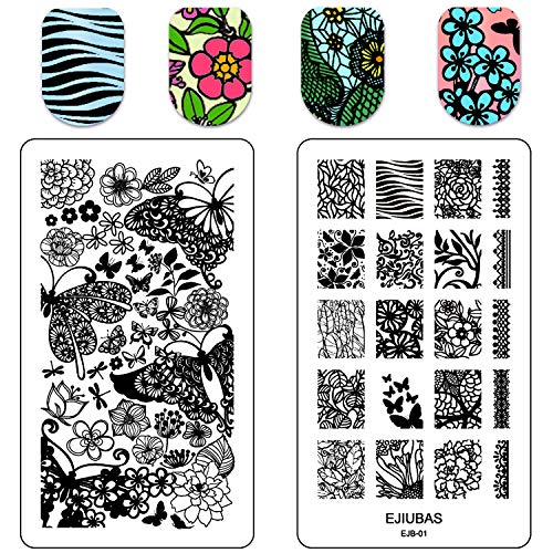 Ejiubas Stamping Plates Nail Stamp 3Pcs + 1 Nail Stamper Scraper Nail Stamping Kits Nail Stamper Plates DIY Nail Art Design EJB-01&06&08