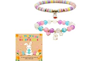 Biuskuku Easter Bracelets Gifts for Women.Cute Bunny Charm Stretch Bracelet with Card. Easter Colorful Bead Bracelets Basket 