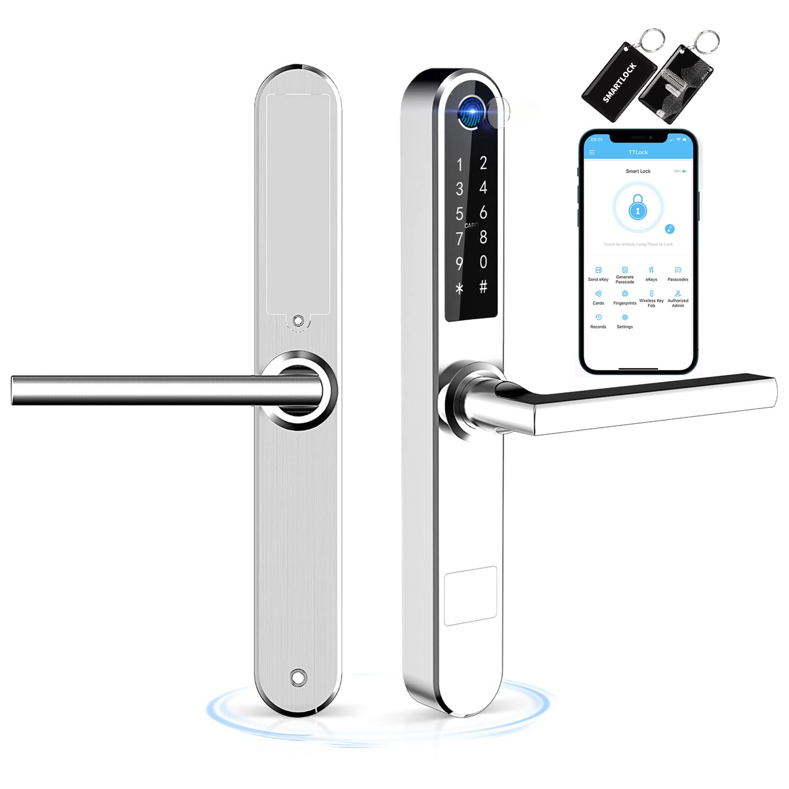 Ruveno Slim Fingerprint Smart Door Lock, Keyless Entry Keypad Door Lock with Handle, Electric Code Lock, Bluetooth Smartphone Access for Front Alumium Swing Wooden Door(Silver)