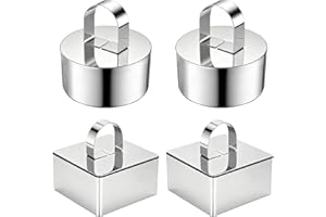 Fcreimd 4 Pack Food Molds Set, 3.15-Inch Cake Ring Mold, Stainless Steel Cooking Rings for Food Decor (2 Round Rings+2 Square