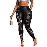 WDIRARA Women's Plus Size Mesh PU Leather Skinny Pants Elastic Waist Leggings