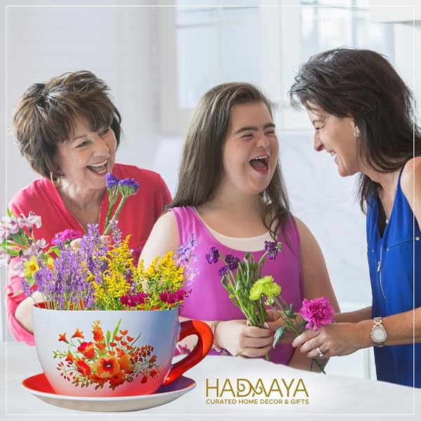 HADAAYA 7.5″ ROUND CERAMIC TEACUP SHAPE PLANTER POT WITH SAUCER FOR SUCCULENTS ORCHIDS HERBS CACTUS INDOOR HOUSEPLANTS FLOWERS FOR VALENTINES DAY GIFT – ORANGE POPPY FLORAL