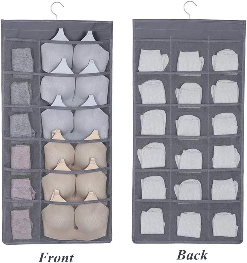 Bra Storage, Dual-Sided Space Saving Storage Hanger with 30 Pockets for Bra Stockings Socks Underwear Closet Hanging Organizer(Grey)