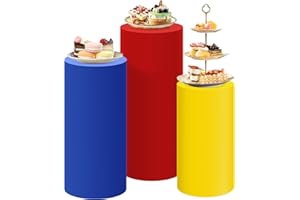 SaitiMade Set of 3 Red Yellow Blue Cylinder Pedestal Stand Covers, 3pcs Spandex Mixed Colors Cylinder Stand Covers for Party, Wedding or Birthday Event Decor (Only Contains Colorful Cylinder Covers)