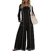 Yanekop Womens Long Sleeve Jumpsuit Casual Loose Fit Overalls Wide Leg Jumpsuits One Piece Outfits with Pockets