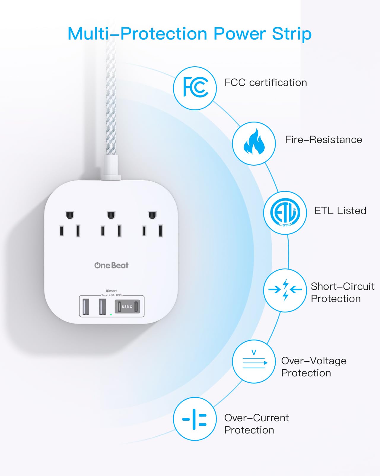 One Beat One Beat Power Strip with USB C, 3 Outlets 4 USB Ports (22.5W/4.5A) Desktop Charging Station, Flat Plug, 5ft Braided Extension Cord, Non Surge Protector for Travel, Cruise Ship, ETL Listed