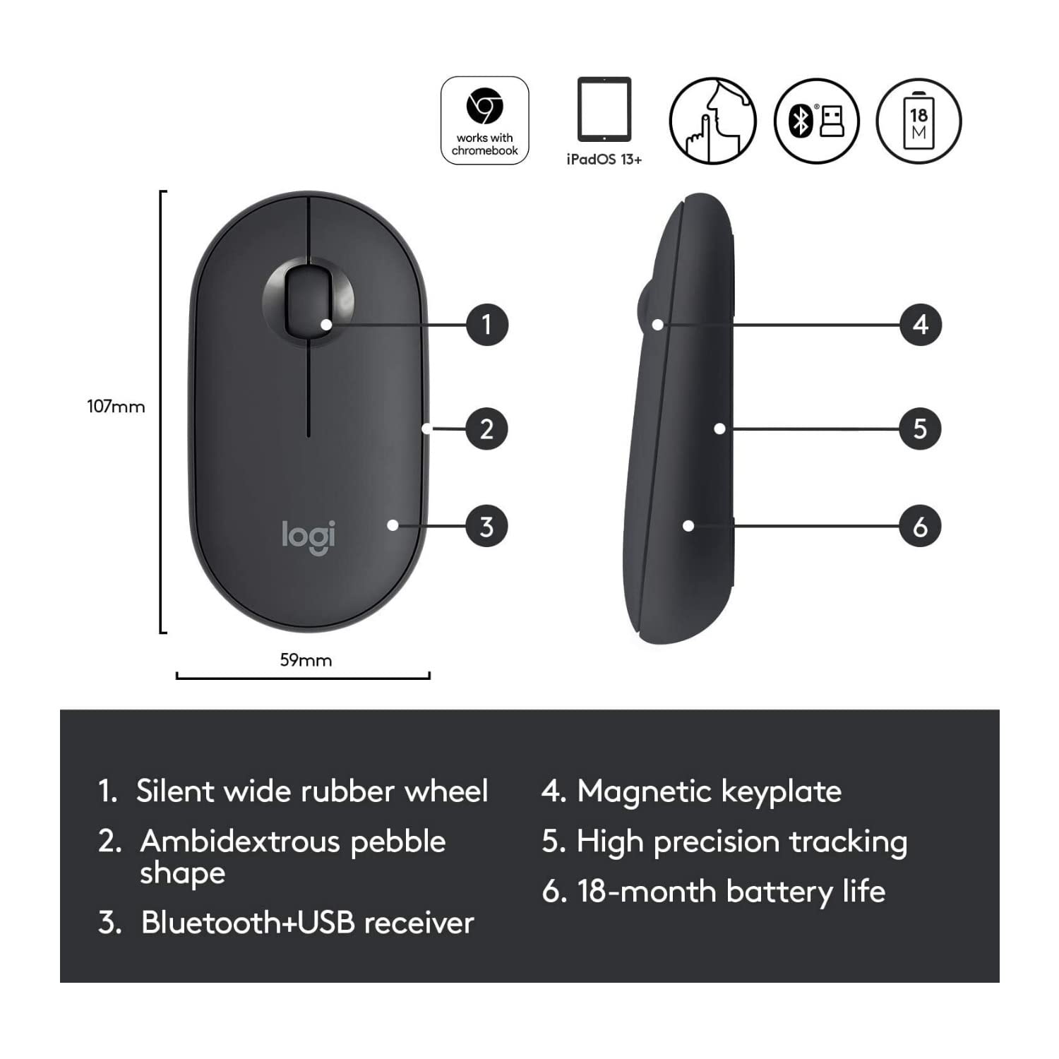 Logitech Pebble Wireless Mouse with Bluetooth or 2.4 GHz Receiver, Silent, Slim Computer Mouse with Quiet Clicks, for Laptop/Notebook/iPad/PC/Mac/Chromebook - Graphite