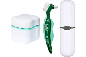 OCIRCLE Denture cleaning kit,Denture Case,Denture Cups Bath, Toothbrush with hard denture, Dentures Container with Basket Denture Holder for Travel,Mouth Guard Night Gum Retainer Container (Green)