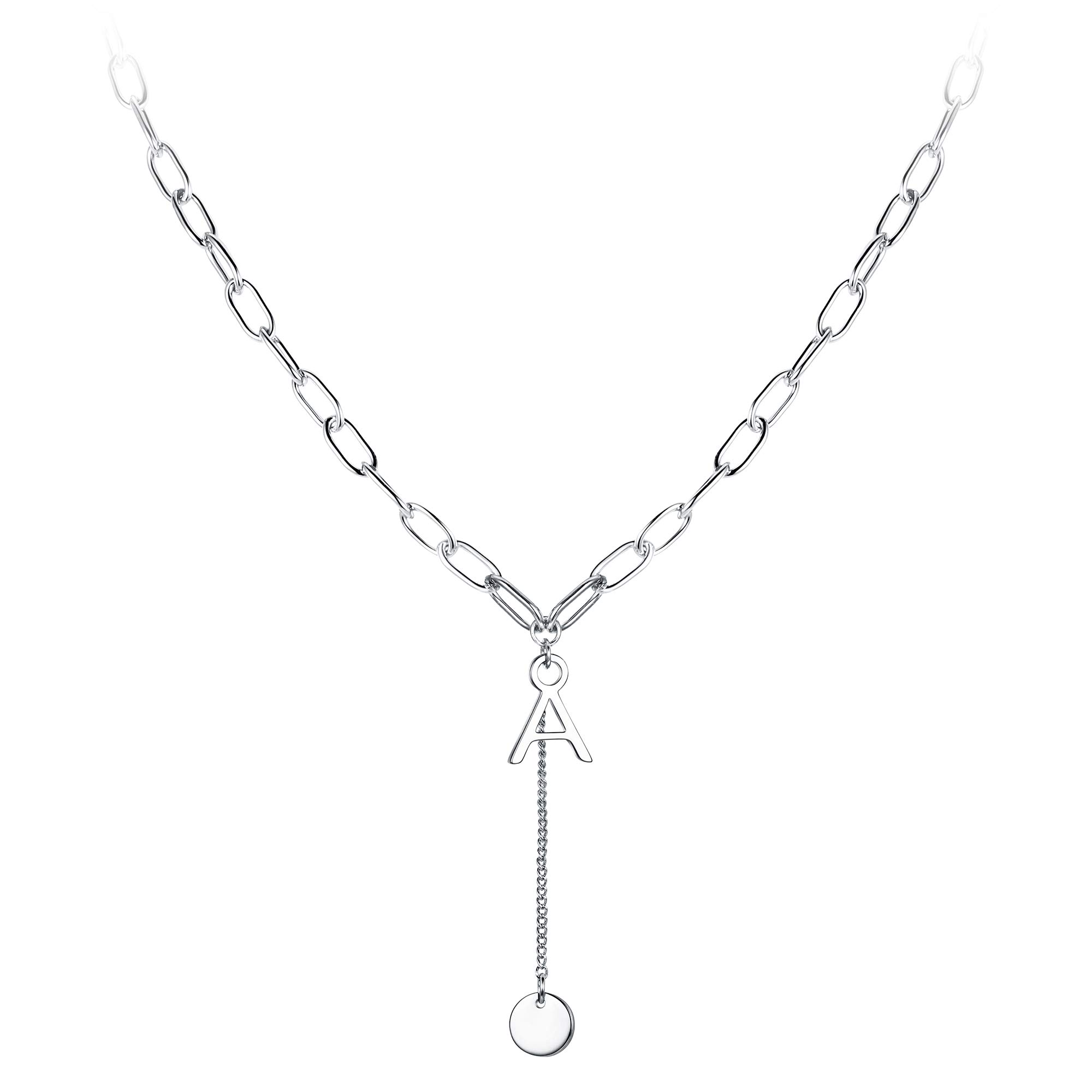 Ever Faith Initial Letter A Necklace Simple Alphabet Pendant Round Disc Choker Paperclip Chain for Women Silver-Tone