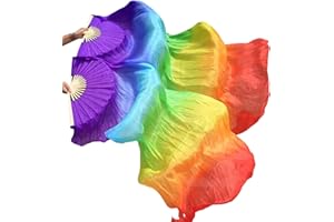 SNOWAQUA Belly Dance Faux Silk Veil Fans, 1 Pair (Left+Right) Faux Silk Bamboo Long Fans Veils, Handmade Belly Dance Dancing Silk Fans, Dance Performance