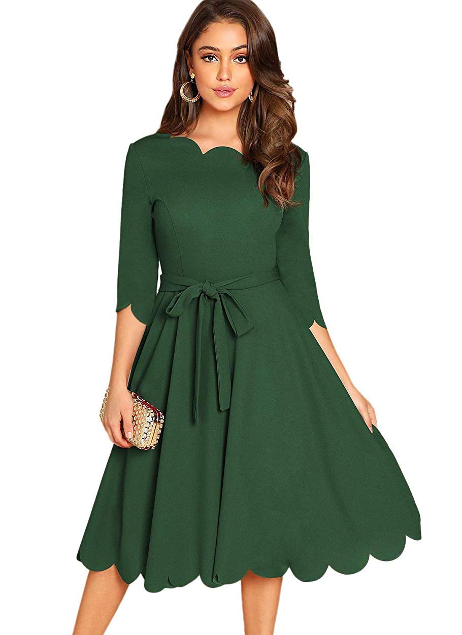 green fit and flare dress with sleeves