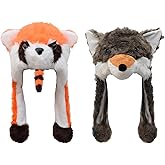 YC JILAI 2 Pack Animal Hat Fox and Raccoon Plush Fun Jungle Animal Hats One Size Cap Polyester With Fleece Lining