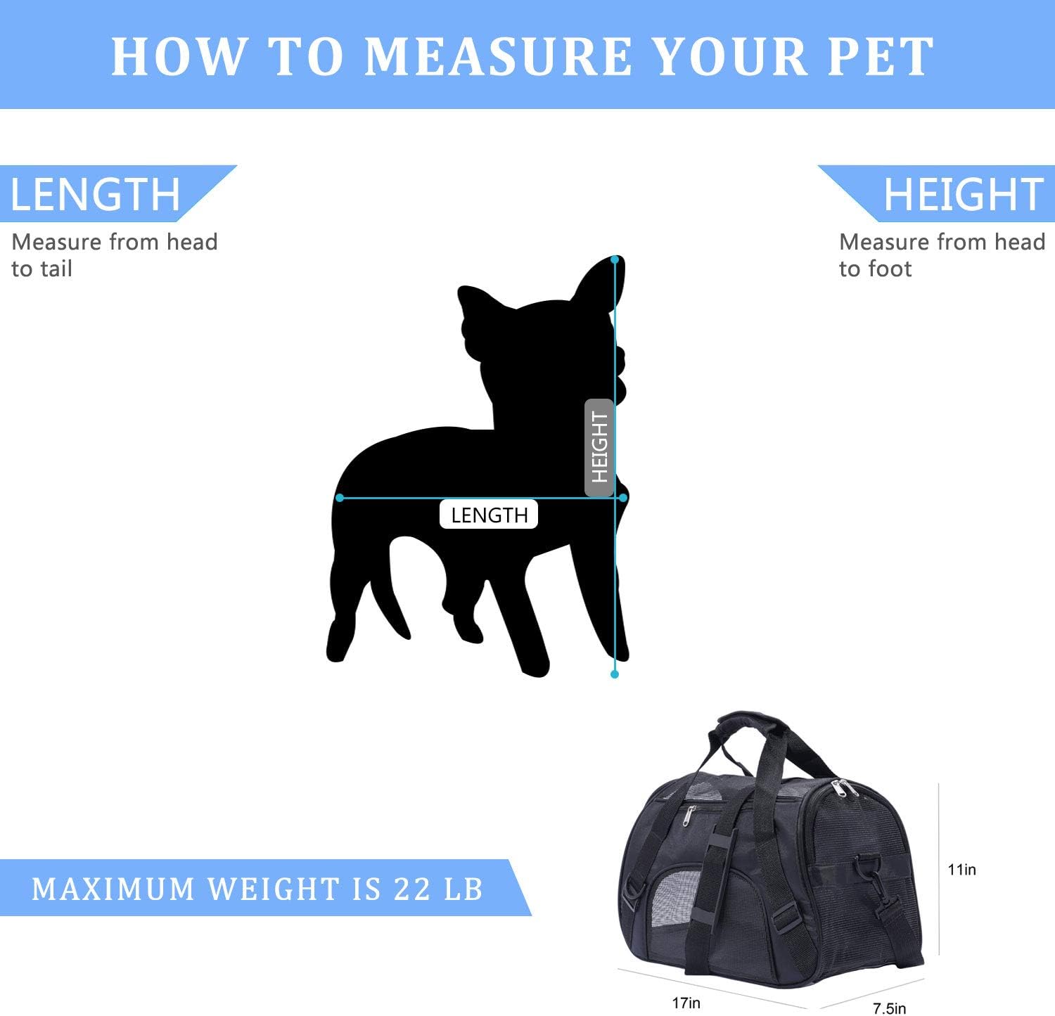 PPOGOO Pet Carriers for Small Cats and Dogs 17x7.5x11 Pet Travel Carrier Airline Approved Black : Pet Supplies