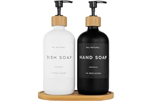 AKREHYULL Farmhouse Thick Glass Hand Soap Dispenser with Bamboo Tray and Pumps, Waterproof Labels, Bathroom and Kitchen Decor (Black and White)