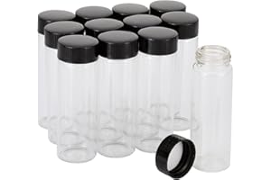 Kesell 12 Pack of 3 inches, 30 ML, Clear Glass Bottles Storage Container Sample Cosmetic Vials with Black Screw Caps