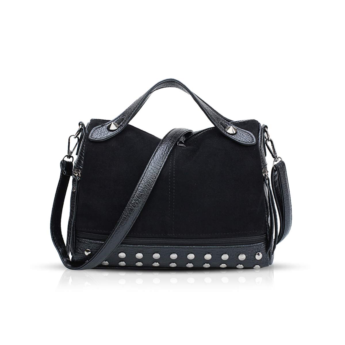 NICOLE & DORIS Handbags for Women Punk nuback Leather Handbag Cool top-Handles Retro Studded Shoulder Bags Black