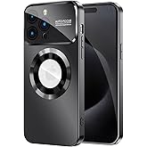 MAKAVO Magnetic for iPhone 15 Pro Max Case, Compatible with MagSafe, Built-in Camera Lens Protector, Logo View, Military Grade Drop Proof Phone Cover, Black